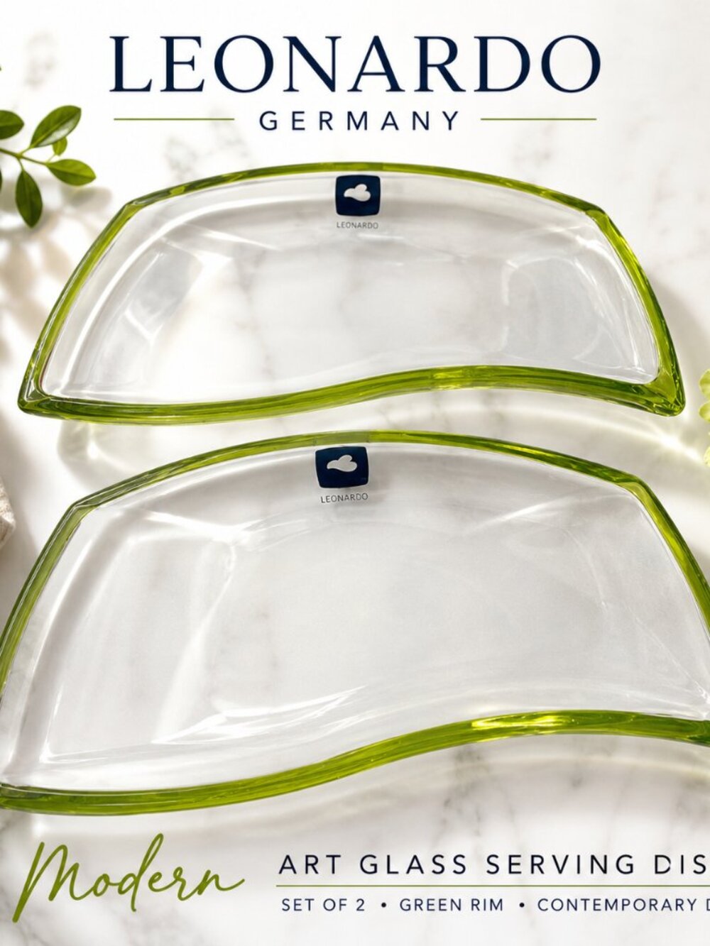 Leonardo Curved Glass Serving Platters in Lime Green Trim (Set of 2)